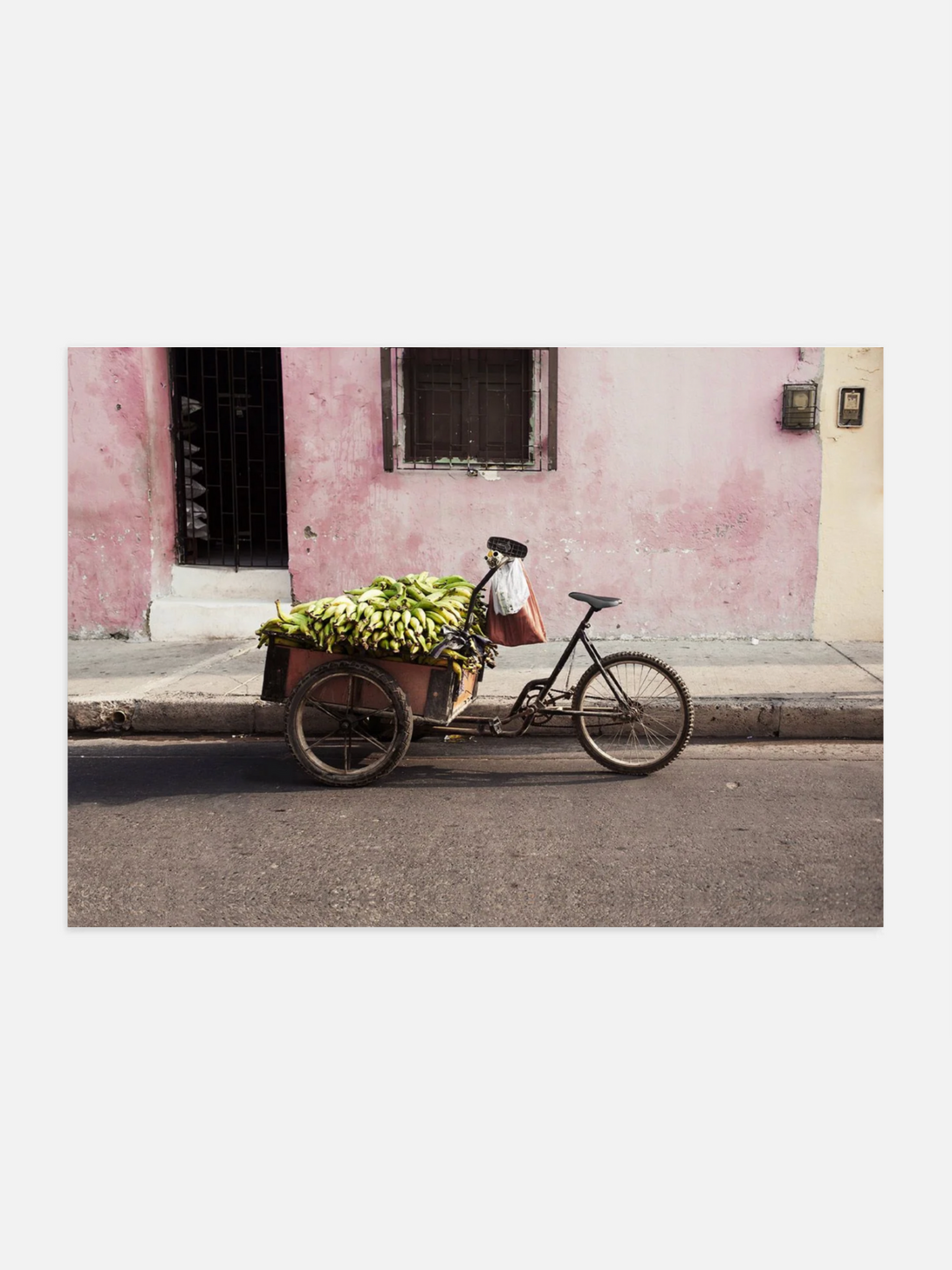 Banana delivery bicycle photo with stacked of banana