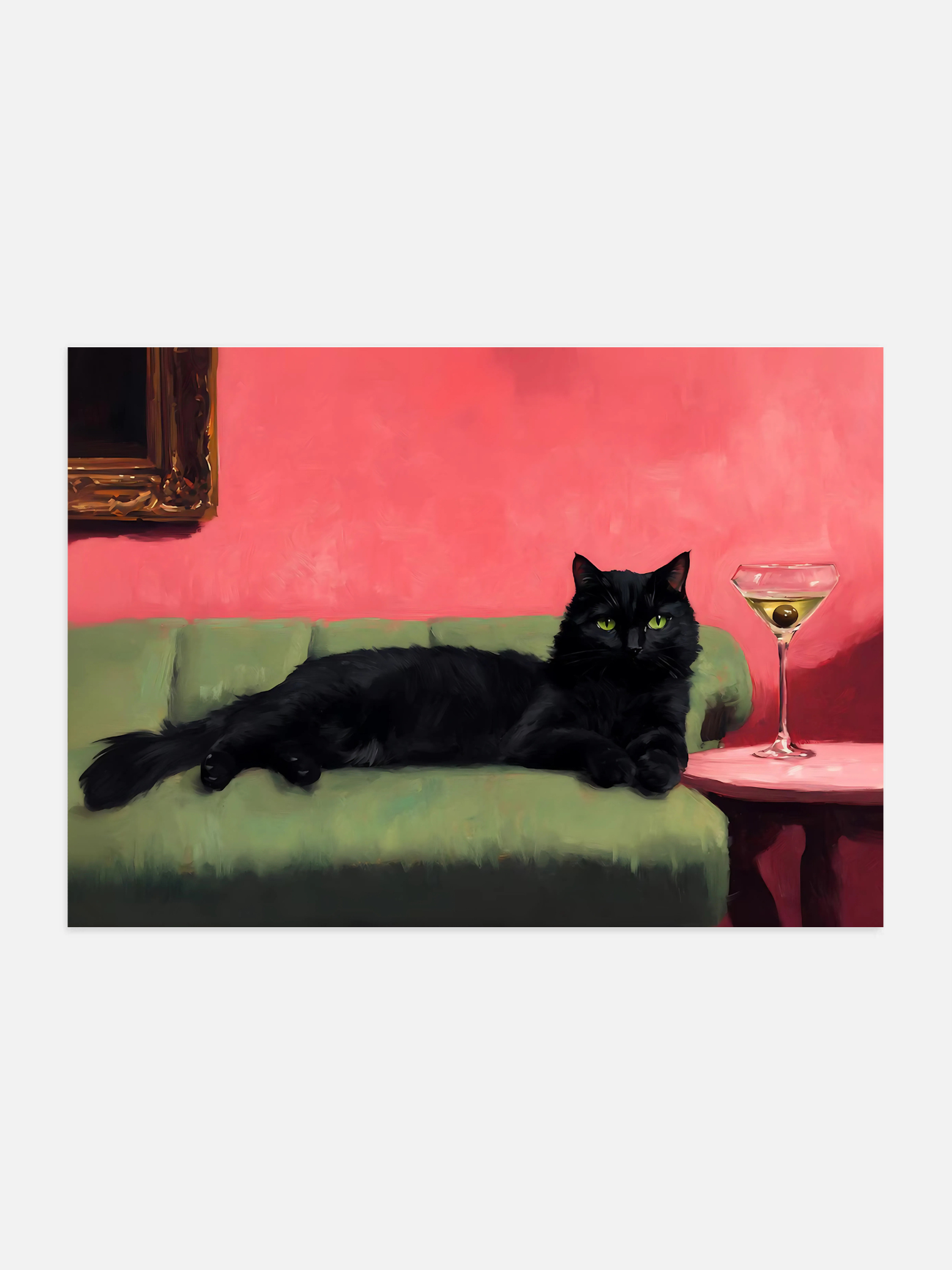 Whimsical art print of a black cat with a martini, perfect cocktail wall art for bar cart or kitchen décor.
