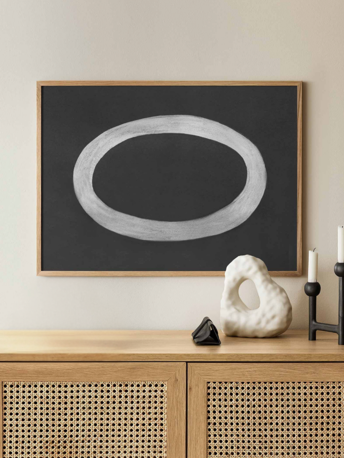 Minimalist white circle on black background poster