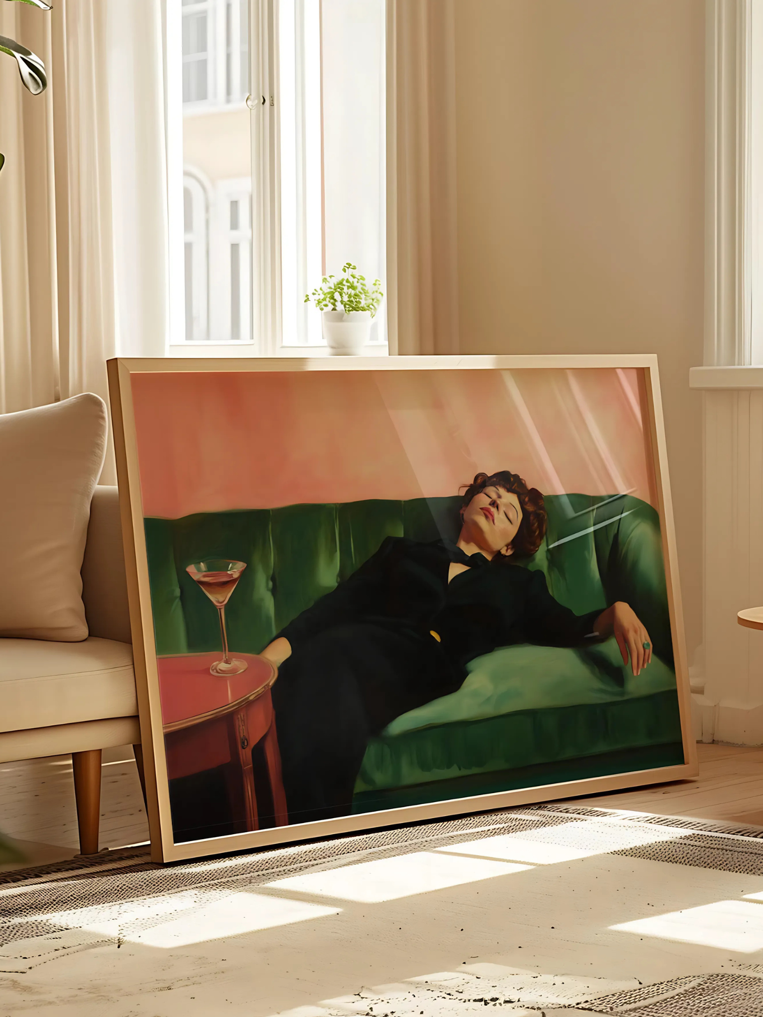 Soft aesthetic cocktail art of woman holding martini, stylish poster for kitchen or bar area.
