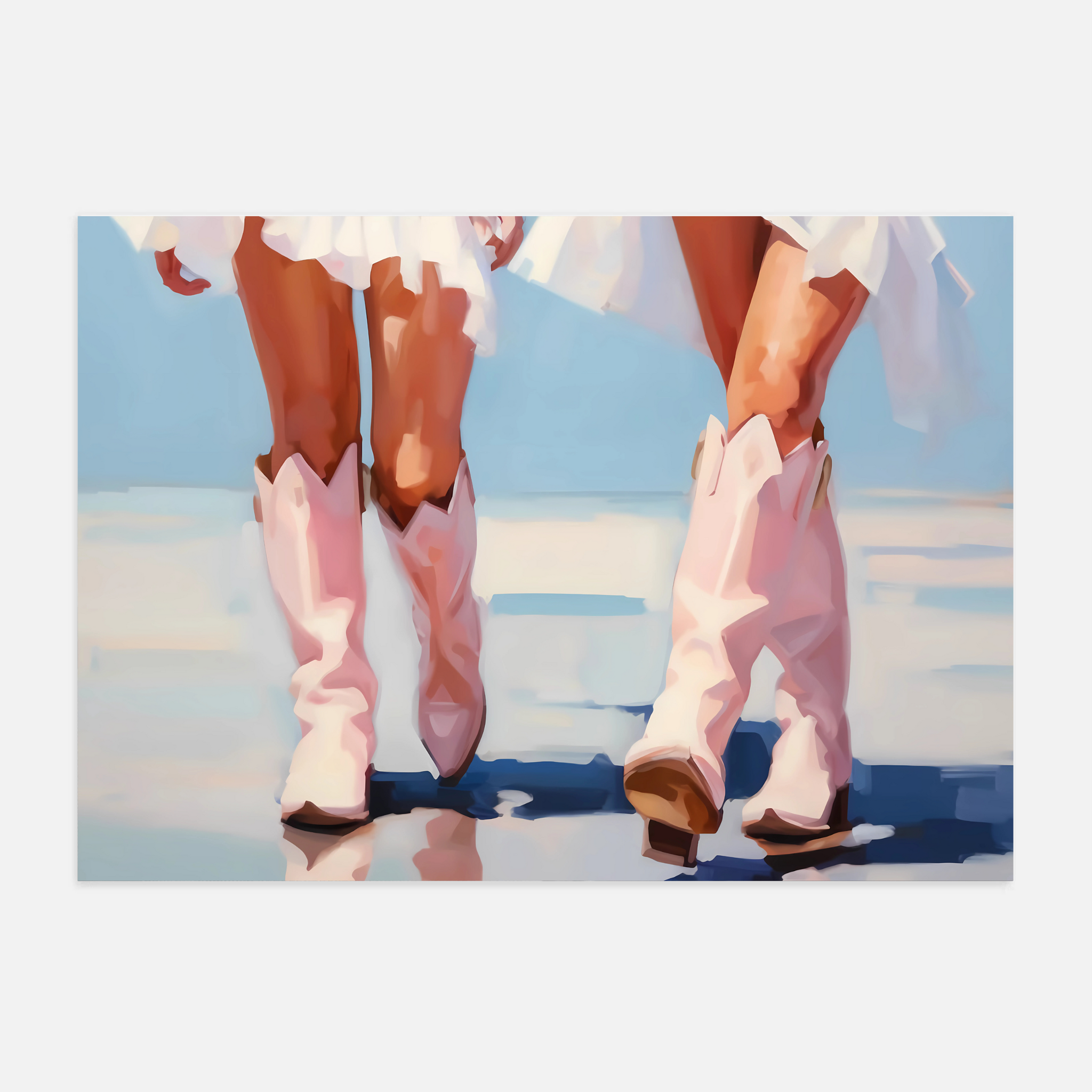 Coastal cowgirl poster with pink and blue boots on a wall in a girly bedroom.