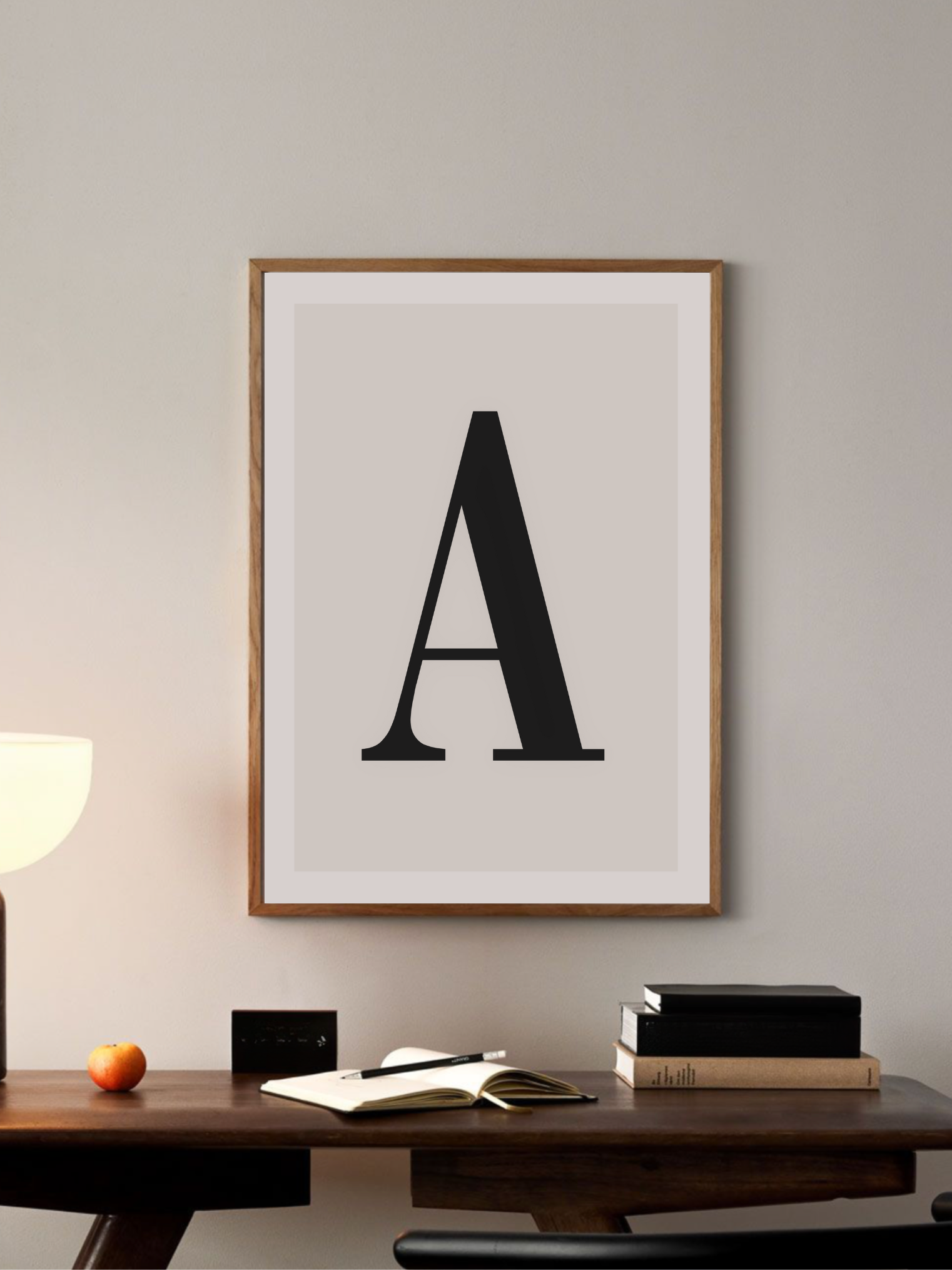 Personalized Letter A poster hanging in a stylish office – elegant decor for workspaces