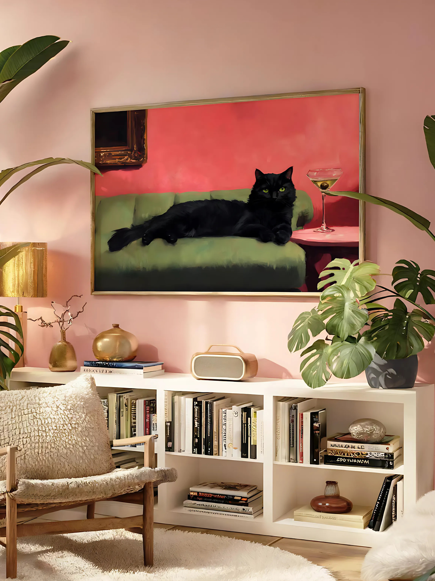 Cute black cat holding a martini, trendy digital download wall art for home, kitchen, or living room.