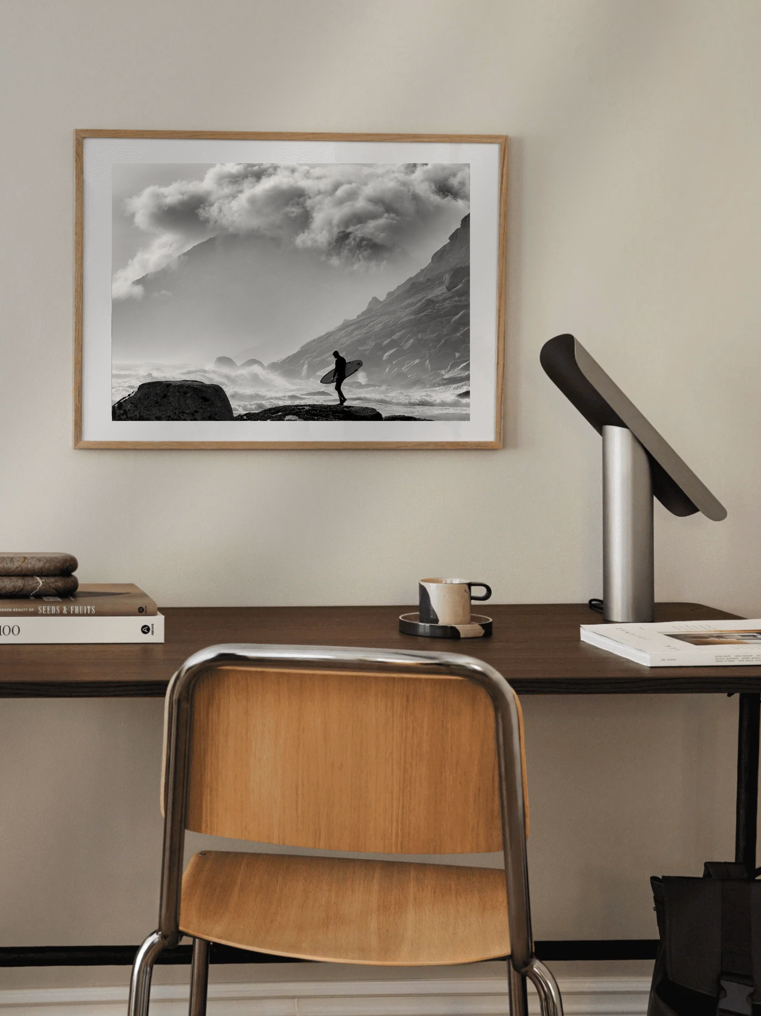 Fearless surfer in dramatic weather wall art