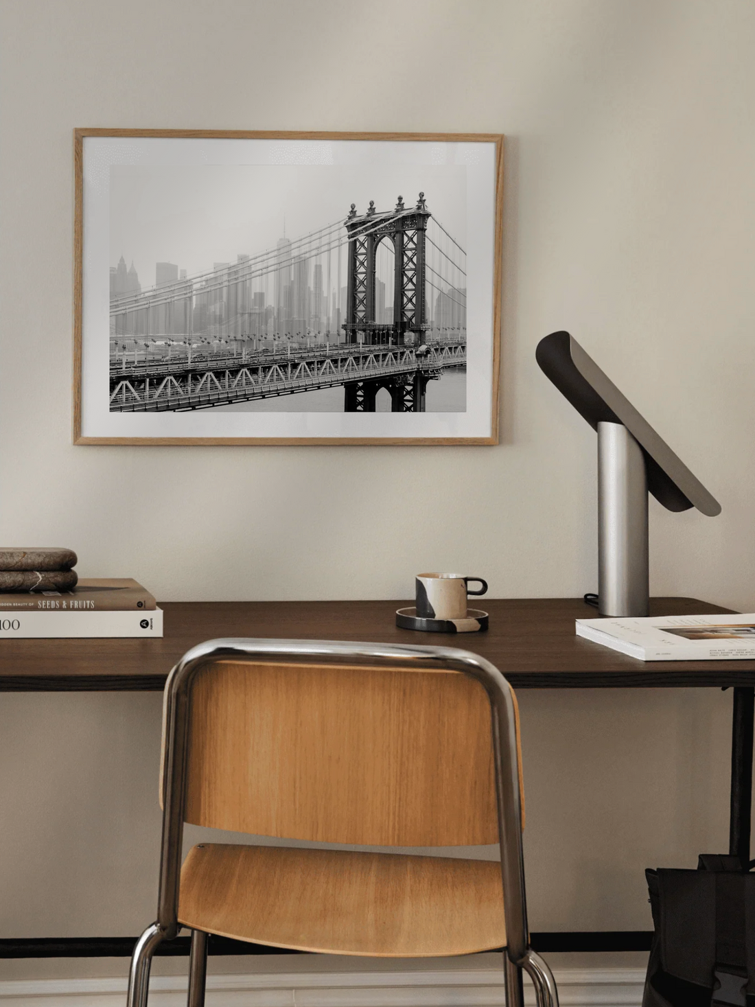 Manhattan Bridge over East River in black and white
