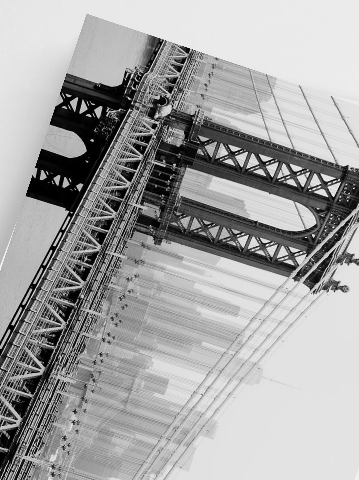 Close-up of a Gotham Bridge Lines showcase bridge's metal structure with a black and white color scheme. 