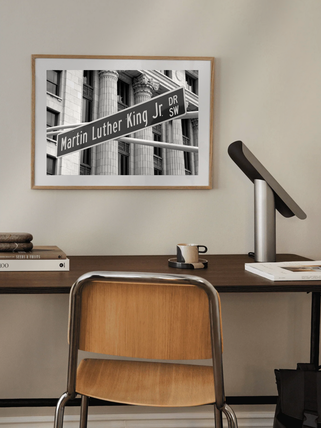 Street sign for Martin Luther King Jr. Drive SW in front of a building with columns.