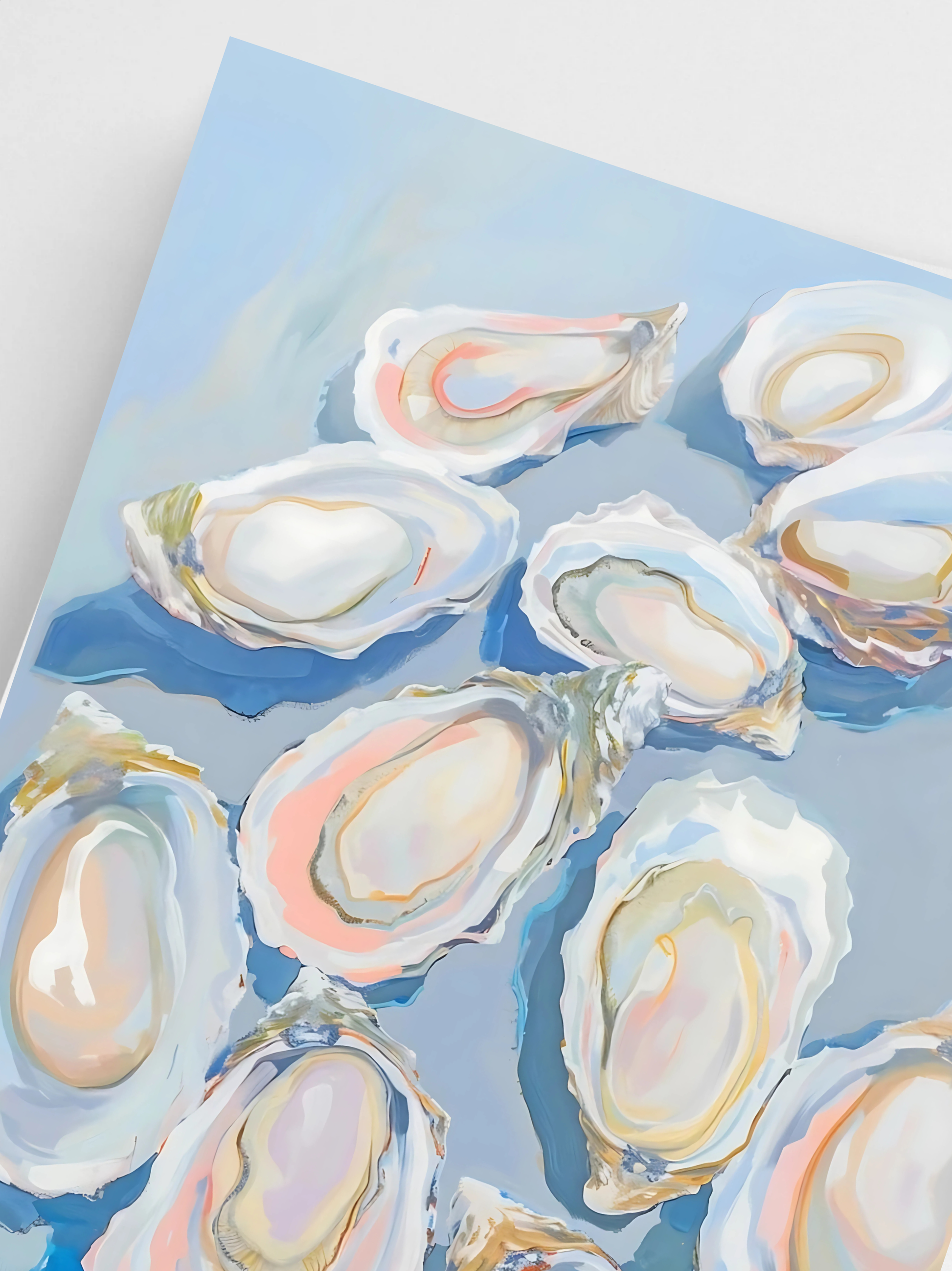 Close-up of abstract oyster painting in soft beachy blue tones.