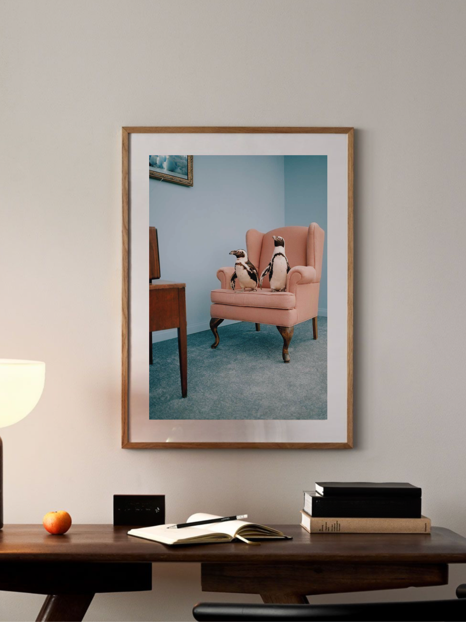 Two penguins watching TV in surreal living room