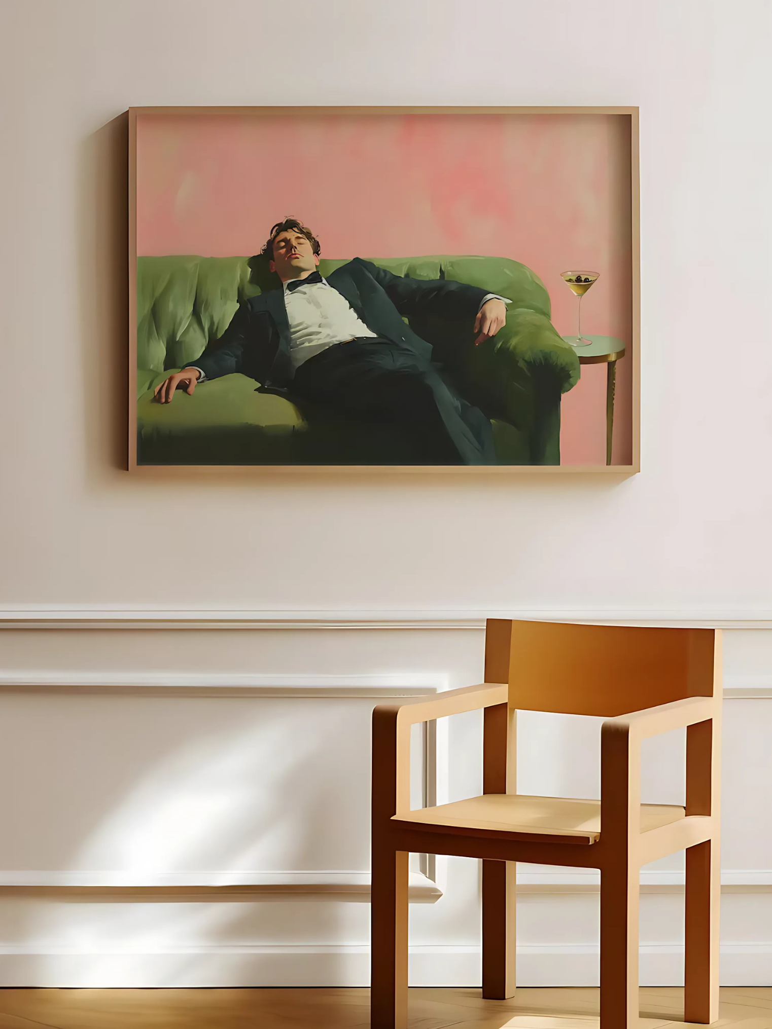 Trendy wall art poster showing a man relaxing with a martini, stylish decor for kitchen, bar, or living room.