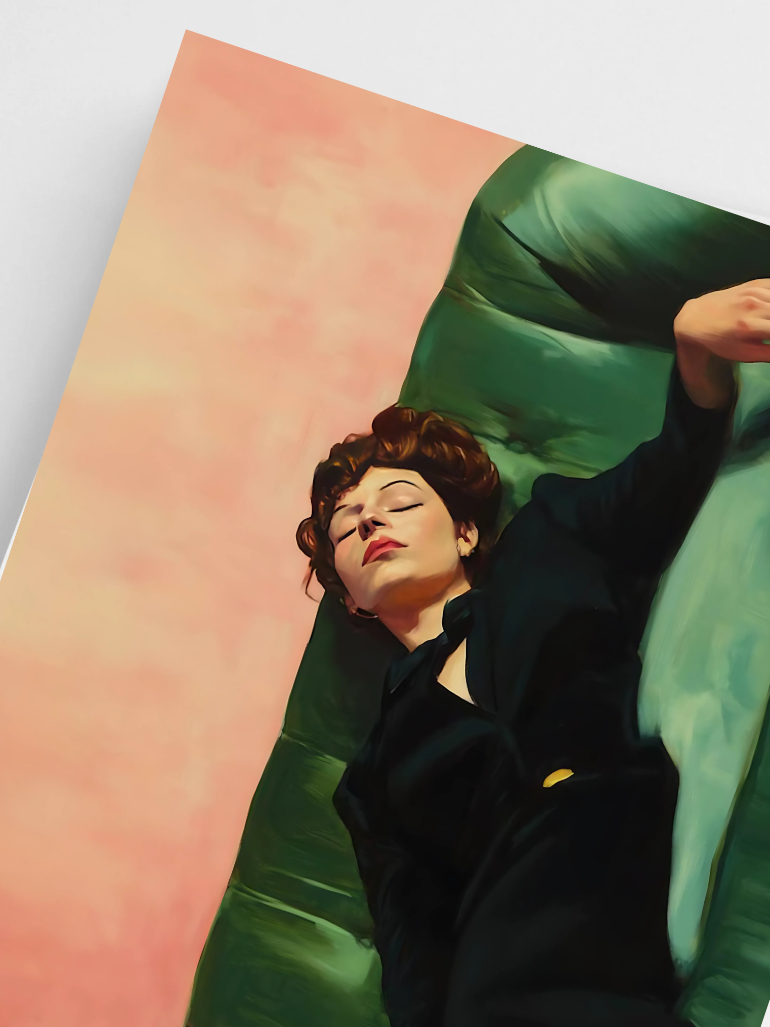 Trendy wall art print featuring woman relaxing with martini, ideal for modern home décor.