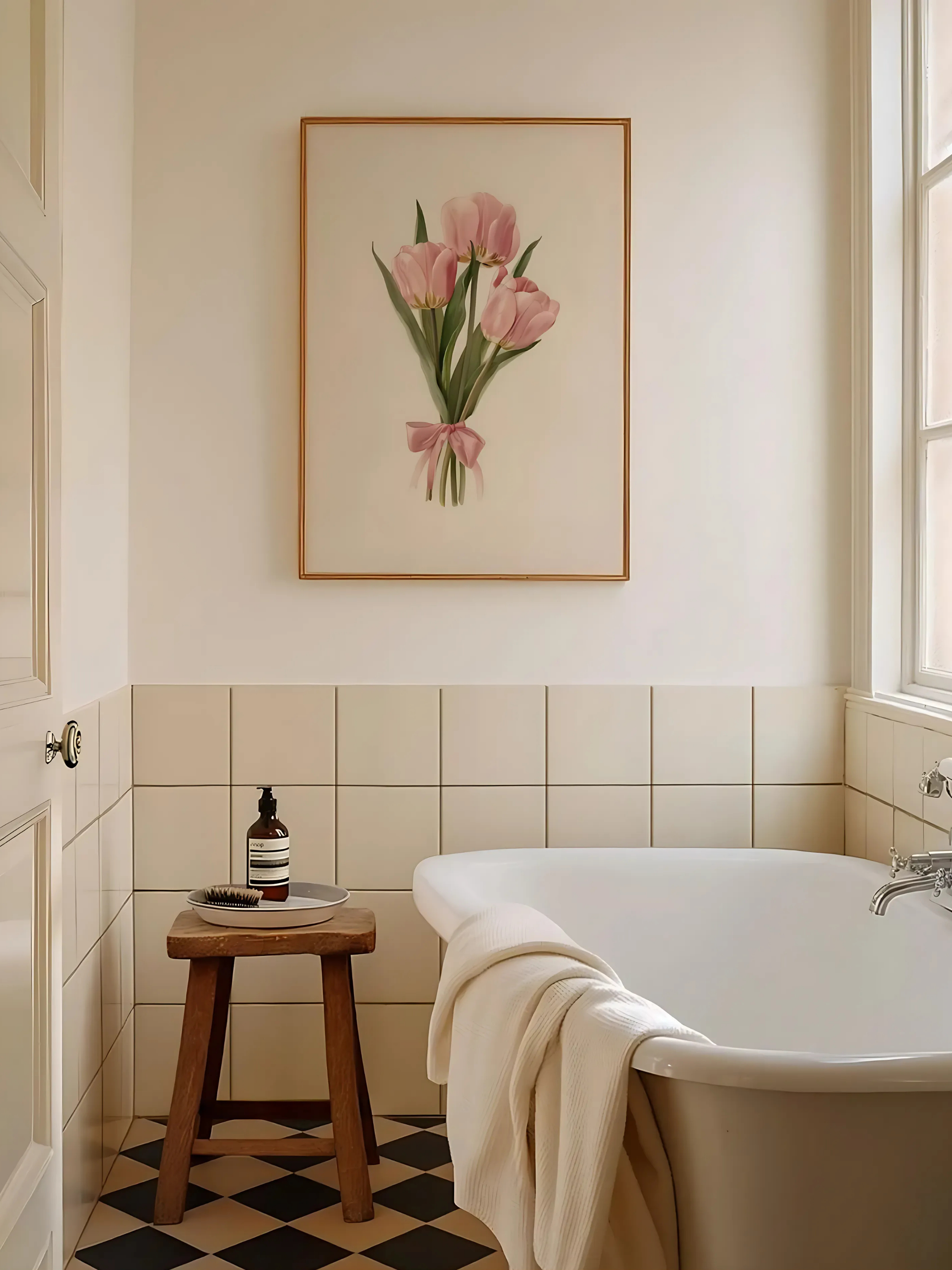 Pink girly aesthetic tulips print displayed on a wall with plants.