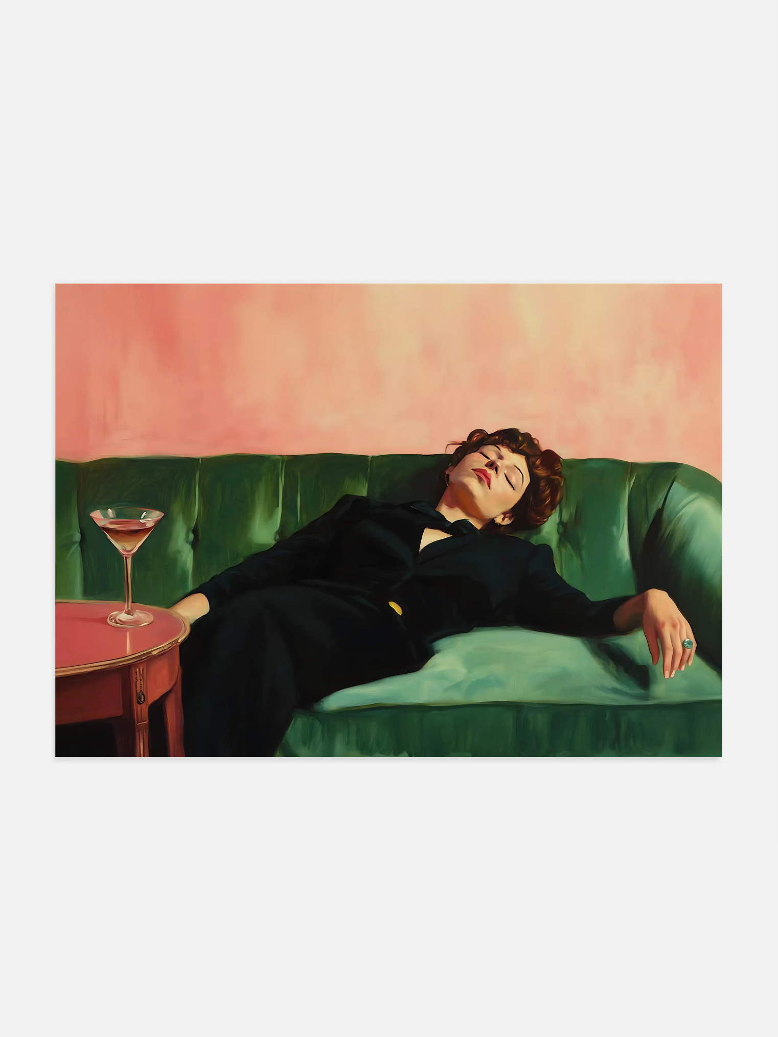 Elegant oil painting print of woman with martini on couch, perfect bar cart or living room wall décor.