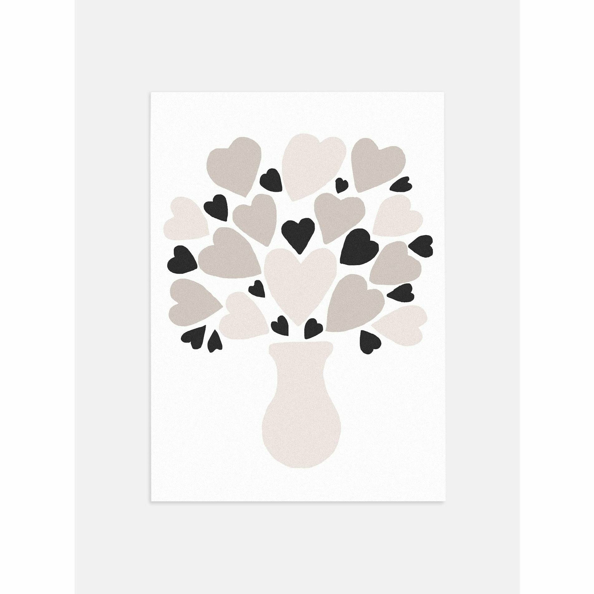 Hearts Floral in Vase Beige & Black Poster