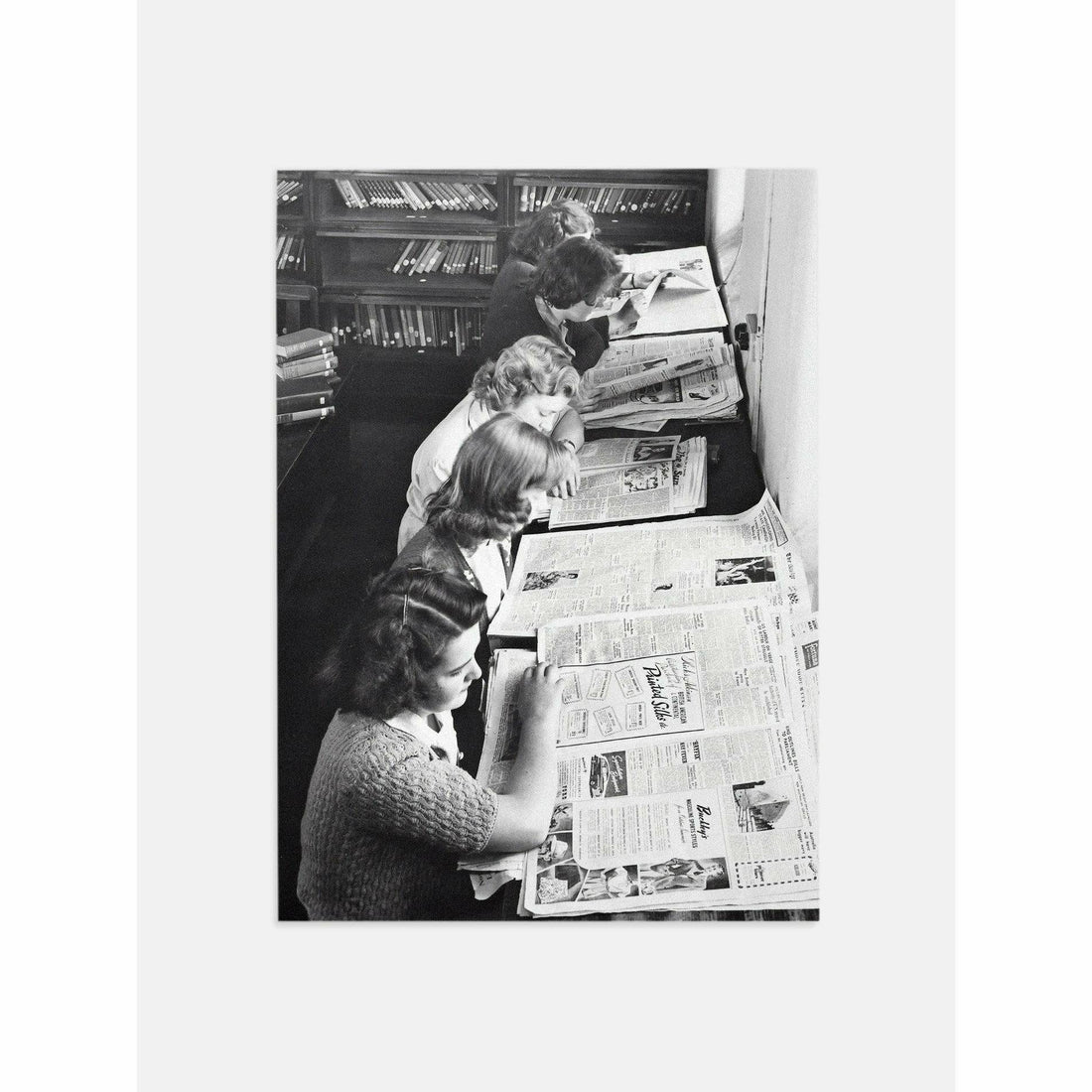 Women Reading Newspapers Black and White Print