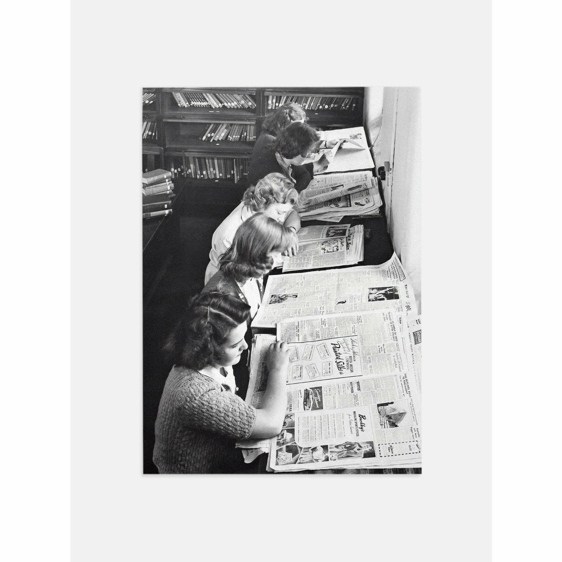 Women Reading Newspapers Black and White Print