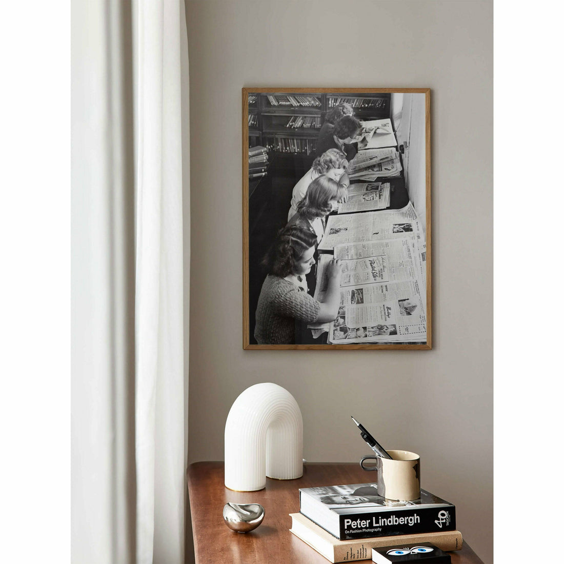 Women Reading Newspapers Black and White Print