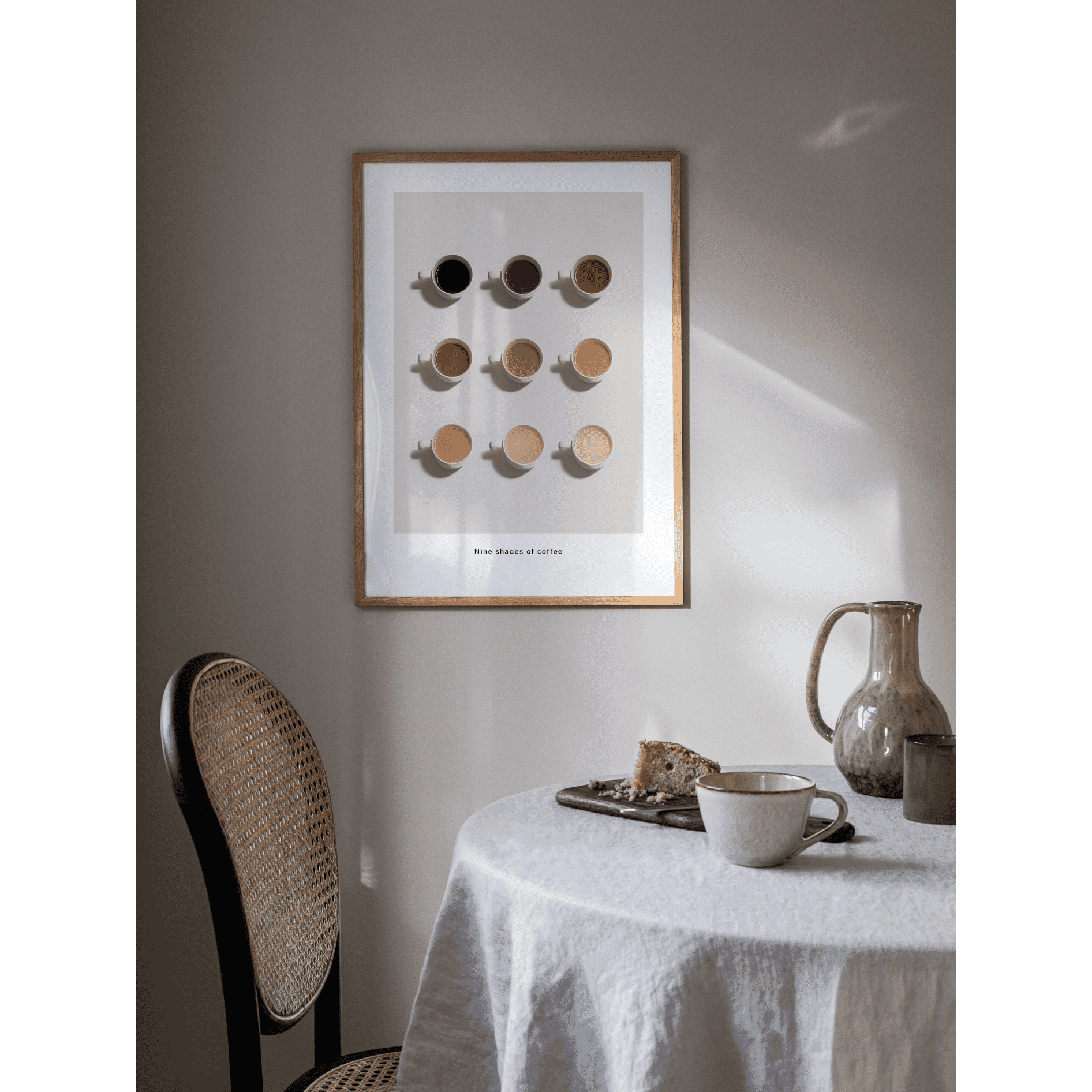 Poster of Coffee Print in a kitchen beige background 